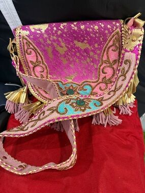 Embroidered Pink & Gold Boho Satchel with Turquoise Accents